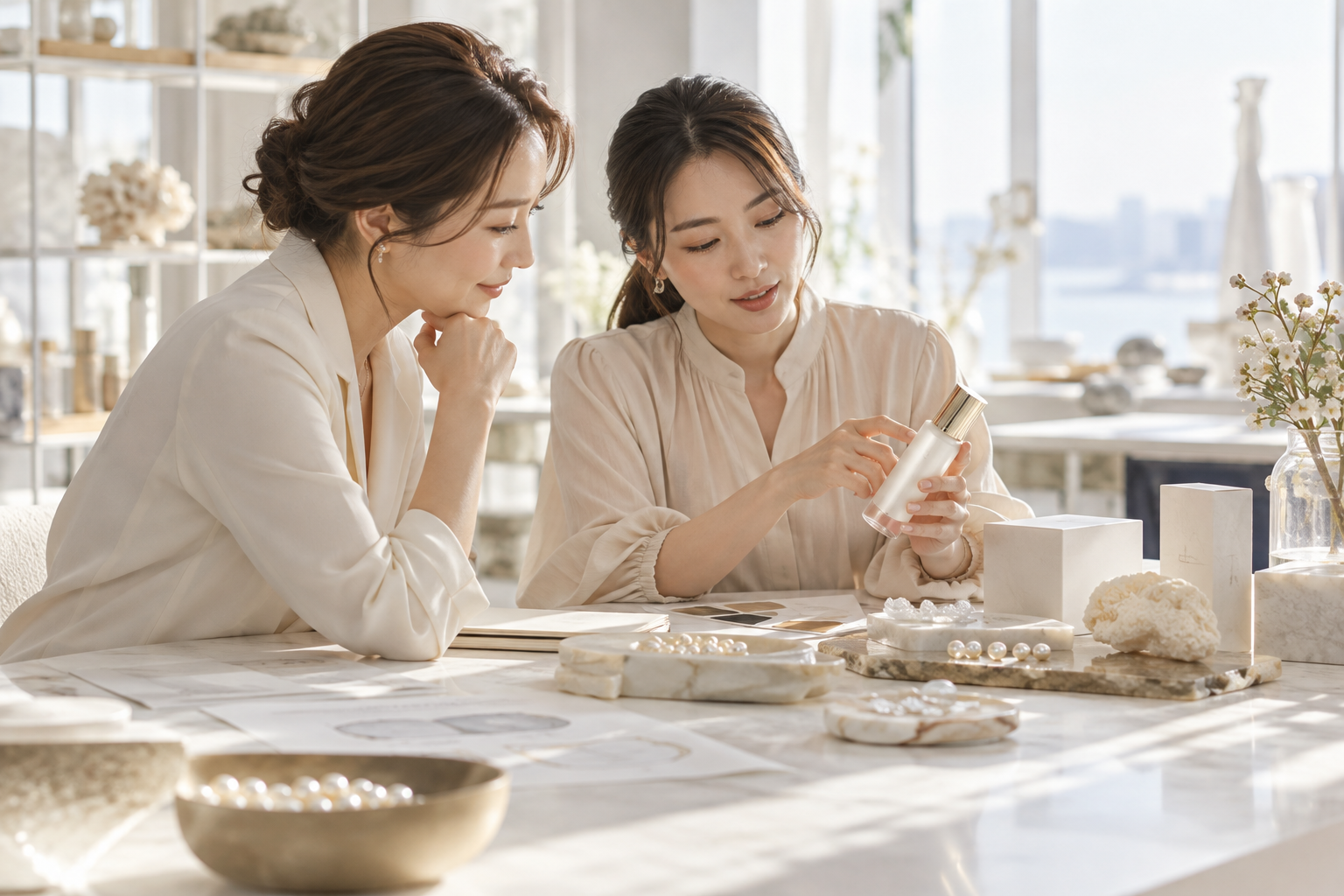 商品サンプルを囲み、企画を話し合う女性たちのイメージ